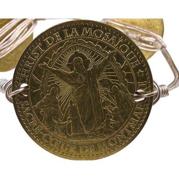 Gold Tone Religious Medallion Coin Bracelet Wire Wrapped Adjustable Handmade - Picture 2 of 6